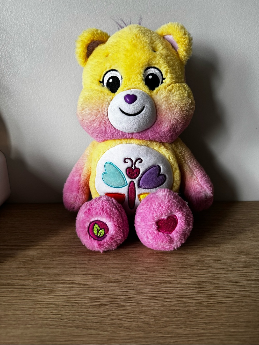 Calming Heart Care Bear Yellow and Pink Plush Bear with Butterfly Belly Patch